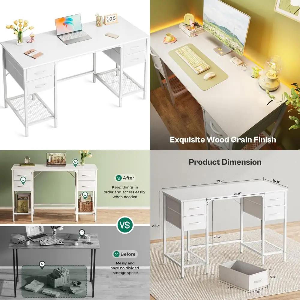 مكتب أبيض كبير مقاس 47 بوصة مع 4 أدراج، وطاولة دراسة ذات رف شبكي، ومكتب كمبيوتر منزلي مع مساحة تخزين كبيرة #1