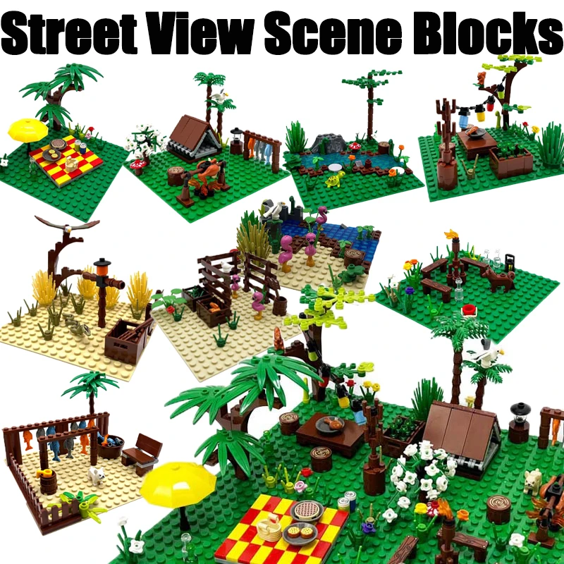 MOC City Camping Base Scene Building Blocks Street View Zoo Animal Flamingo Scarecrow Tent Fish Farm Bricks Friends Toys Gifts