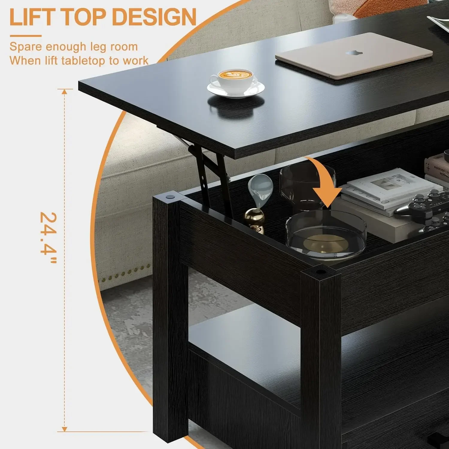 41.7'' Lift Top Coffee Table with 2 Storage Drawer Hidden Compartment Open Storage Shelf for Living Room Folding Wood End Table