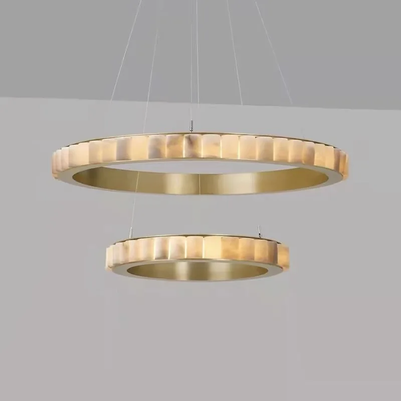 Pendant Light Decoration Atmosphere Light Bar Hotel Luxury Circular Villa Hall Brass Alabaster Ring Light Round Chandelier