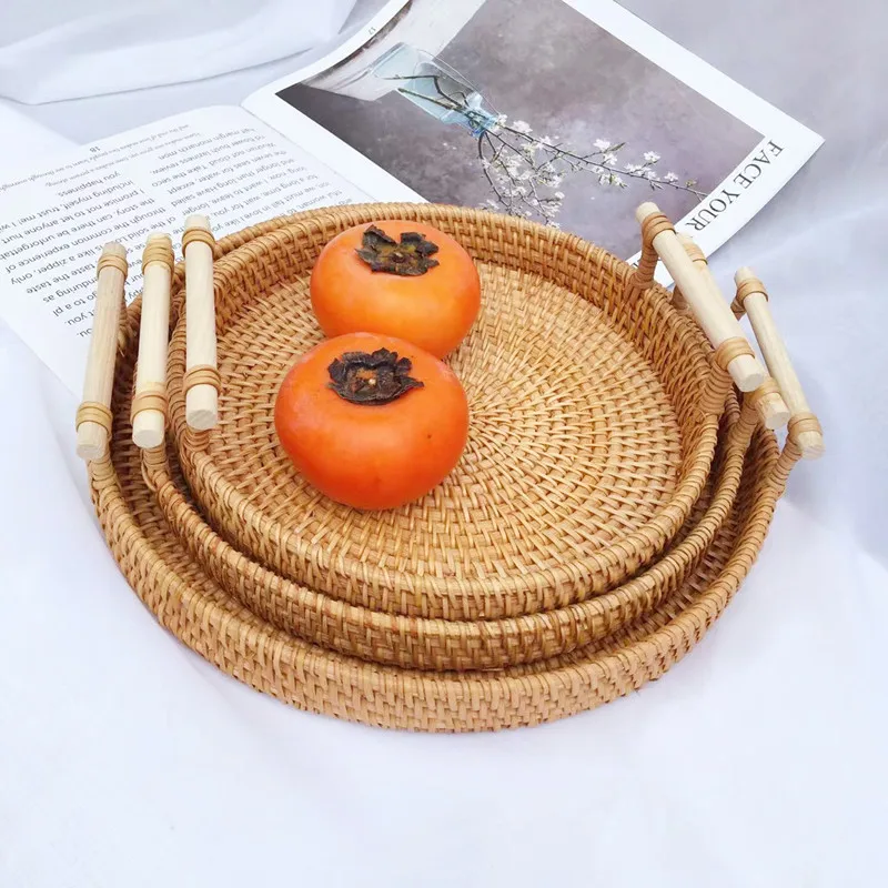 

Rattan Tray Bread Fruit Dim Sum Two Ear Portable Picnic Basket Storage Basket