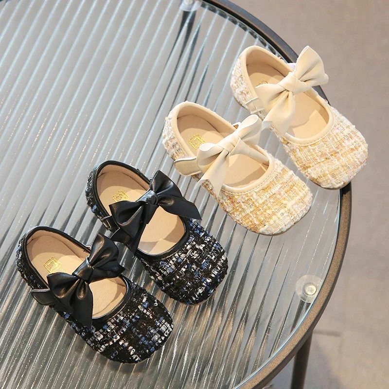 Little Girl's Mary Janes Elegant Black Beige Autumn New Kids Flat Shoes Hook-loop Fashion Trendy Bow-knot Children Princess Shoe