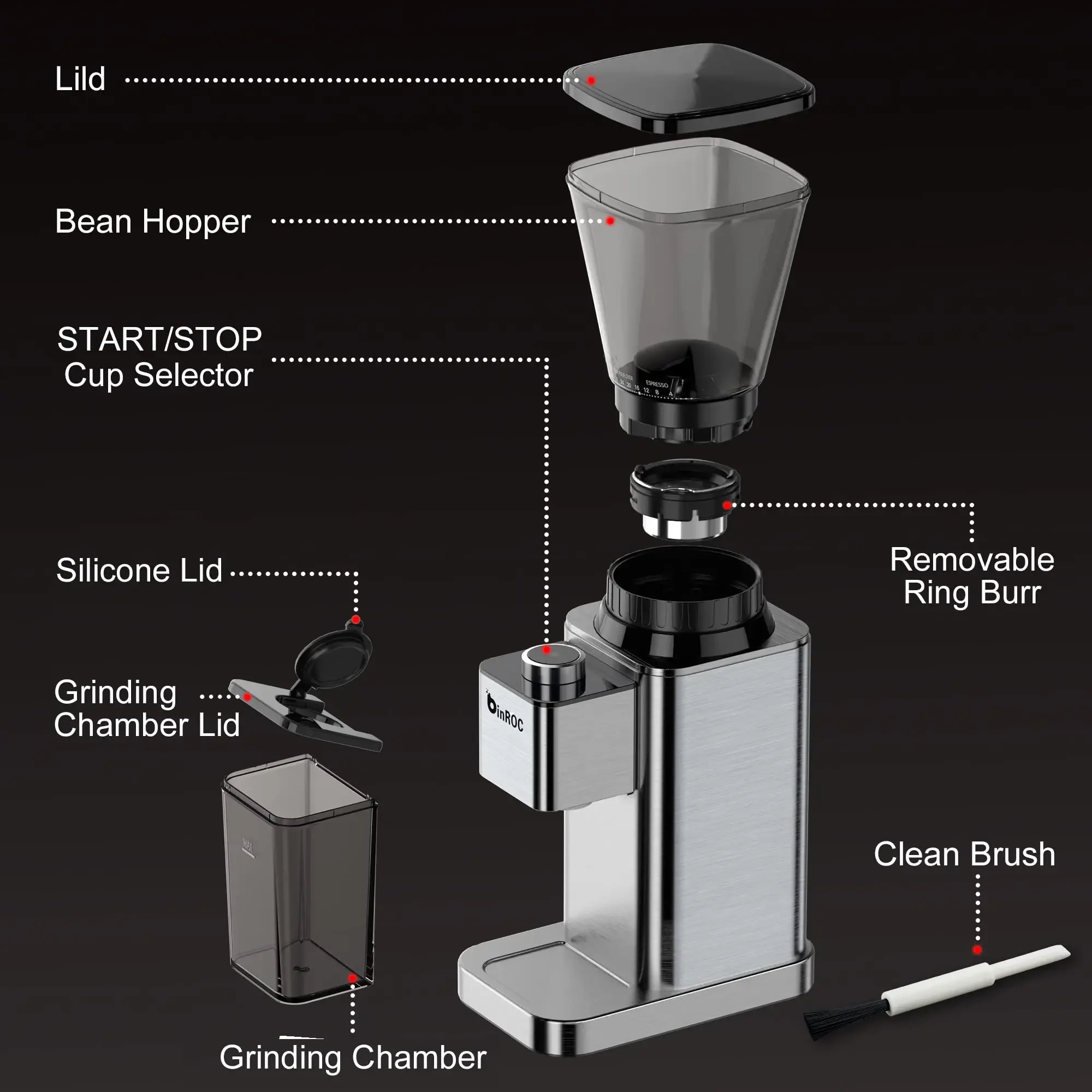 Anti-static Conical Burr Coffee Grinder with 48 Grind Settings Stainless Steel Electric Coffee Beans Grinder Burr for 2-12 Cups