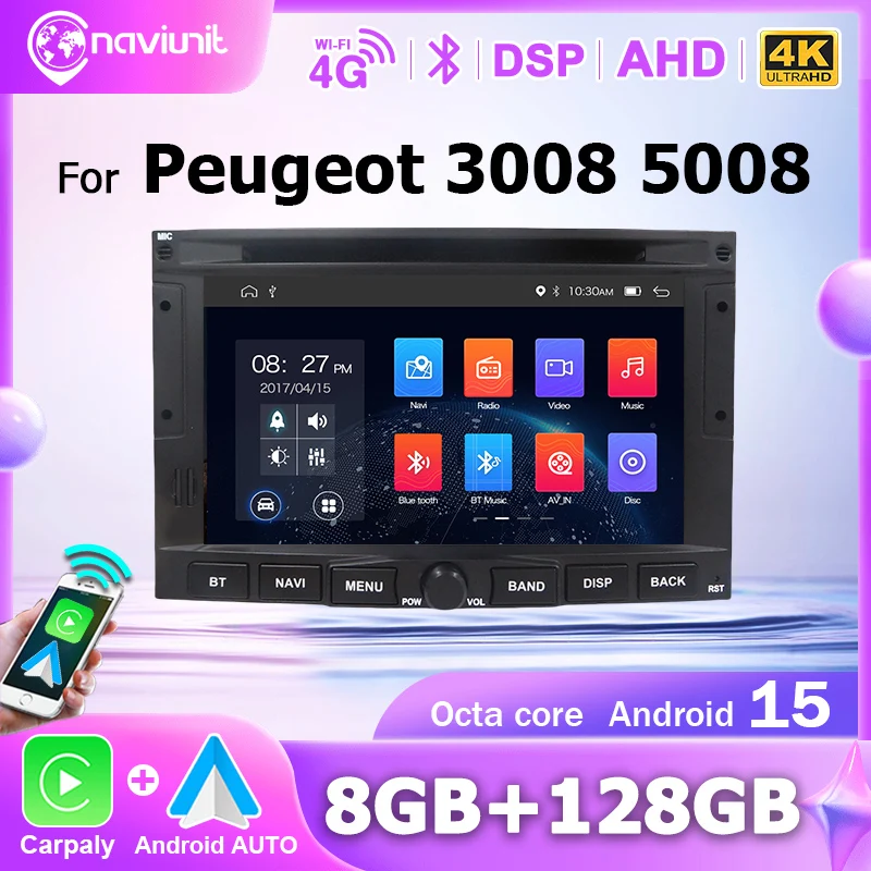 Autoradio 2DIN sans fil Carplay Android 15 pour Peugeot 3008 5008 2010-2016, Bluetooth, écran 7 pouces, lecteur multimédia GPS