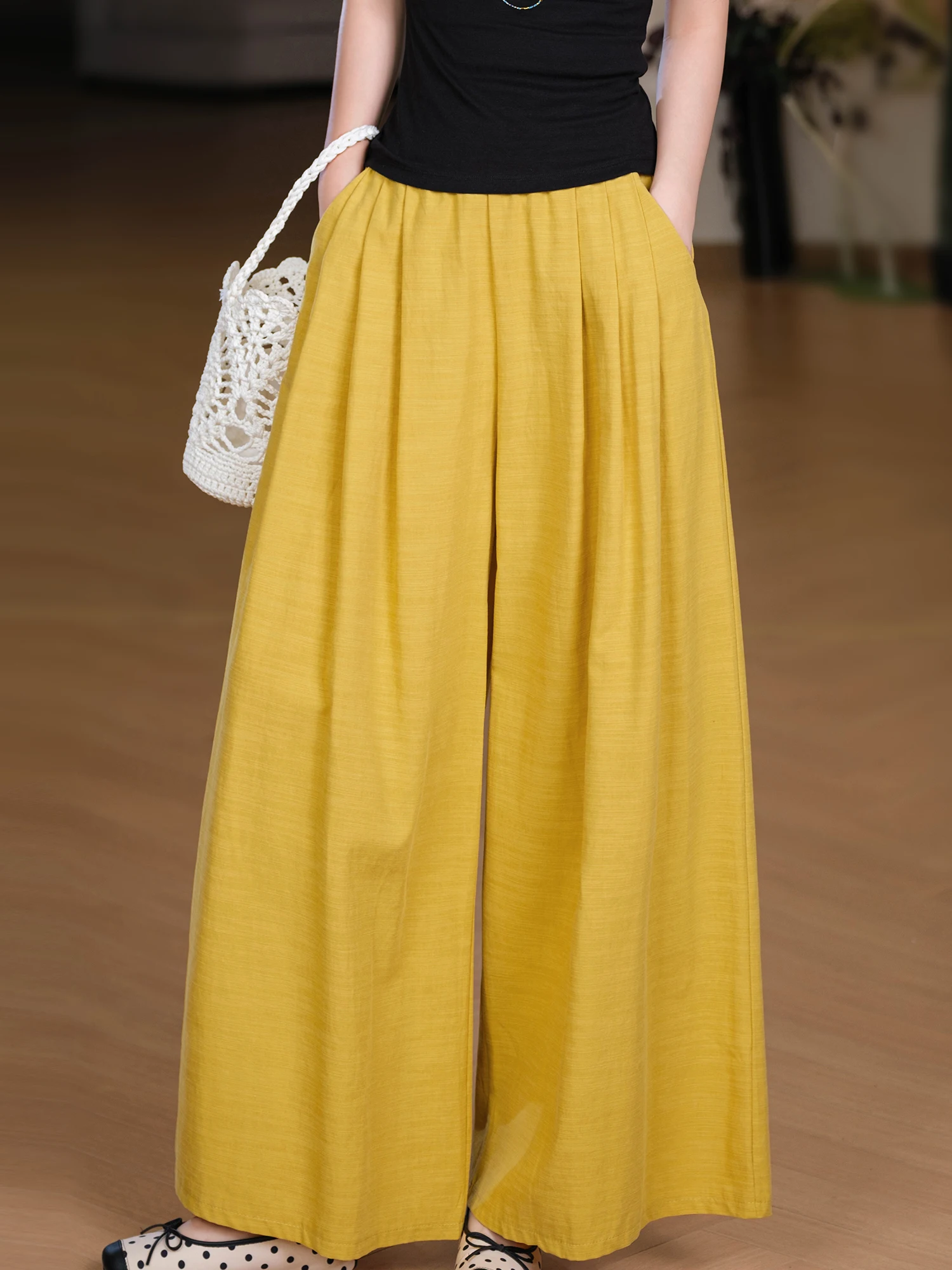 Ladies Large Pants Sensation Hemp Branch Cotton Drapey Three-Dimensional Pleats Casual Loose Fit Elastic Waist Daily Wear