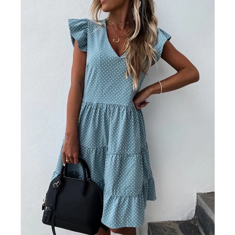 

Women New Summer Sundress Casual Ruffles Sleeves V-neck Dot Elegant Dresses