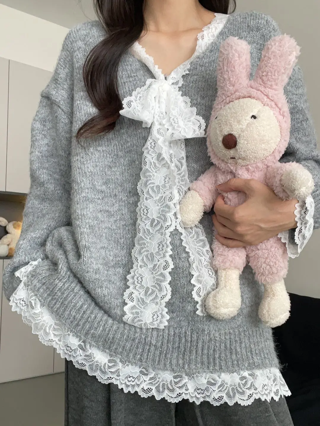 

2025 Autumn/Winter Women's Lace Trim Faux Two-Piece V-Neck Knitted Sweater Oversized Soft Textured Pullover Boho Chic Tops