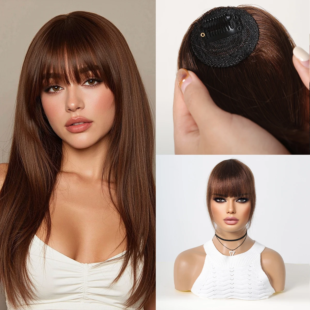 100% Remy Human Hair Fringe Bangs Clips in Natural Brown Human Hair 3D Air Fringe Bangs Hairpieces for Women with Thinning Hair