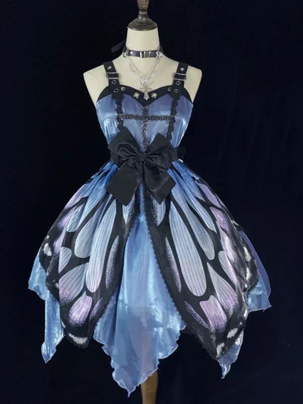 Punk Gothic Lolita JSK Dress Butterfly Sleeveless Bows Blue Lolita Jumper Skirt