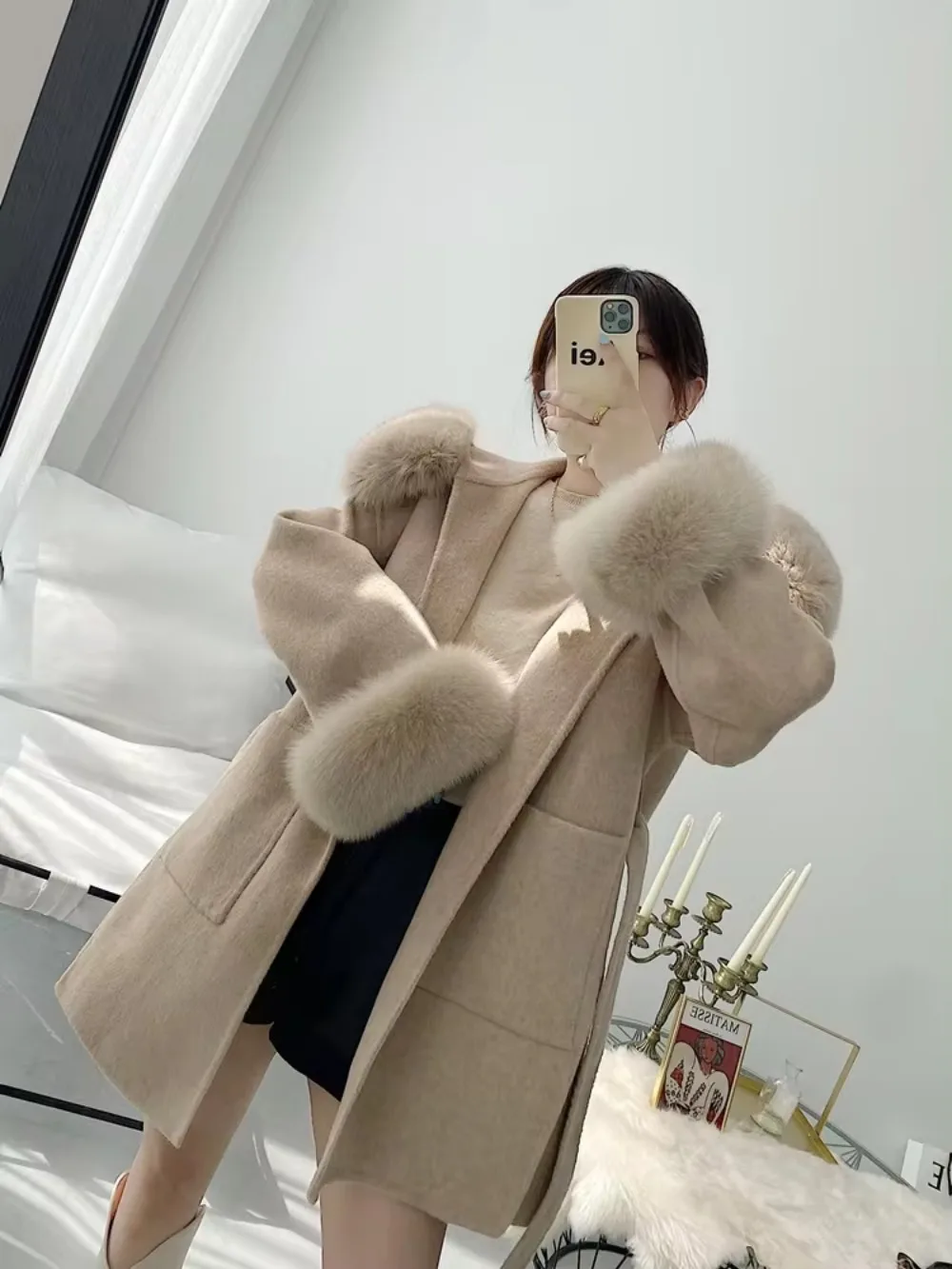 2023 New woolen Coat Oversize Ladies Outerwear Winter Women Natural Fox Fur Collar Cuffs Jacket Hood Cashmere Wool