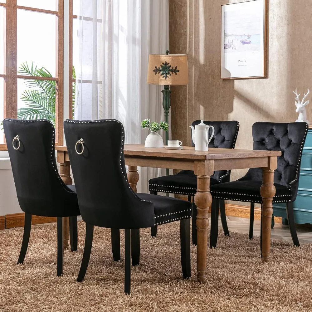 

A set of four black velvet dining chairs, kitchen and dining chairs, four fabric tufted dining chairs, velvet soft cushions