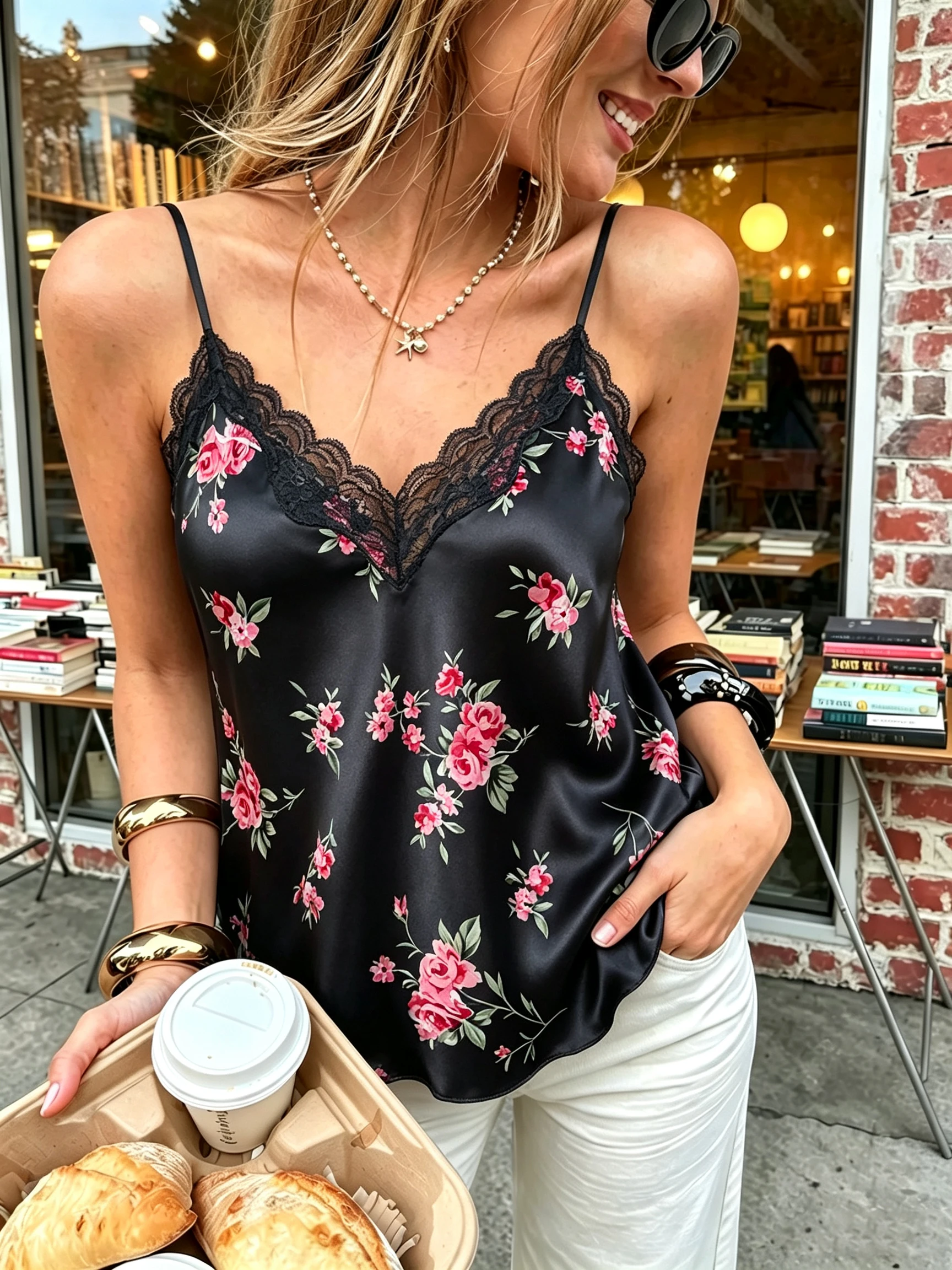 Women Satin Floral Print Pajamas Top Camisole Lace Trim V Neck Tank Top Elegant Sleeveless Blouse Casual Sleepwear