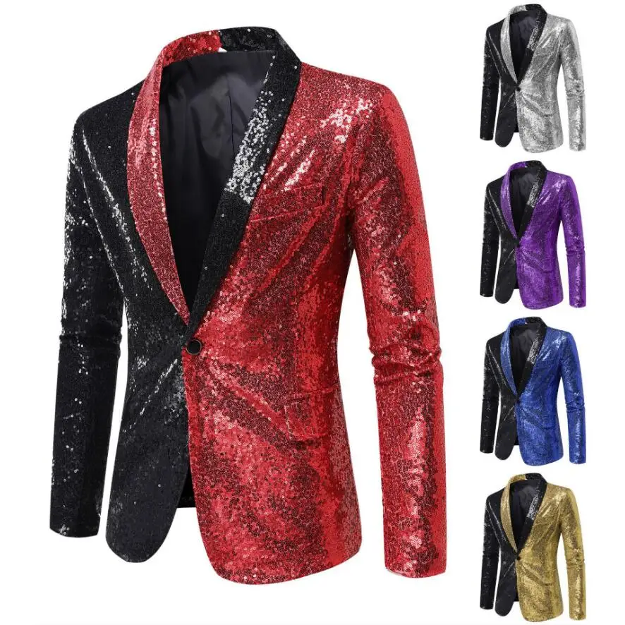 Blazer de lentejuelas doradas brillantes para hombre, nuevo traje ajustado empalmado para hombre, fiesta en club nocturno, DJ, escenario, cantante, espectáculo de danza, vestido para hombre