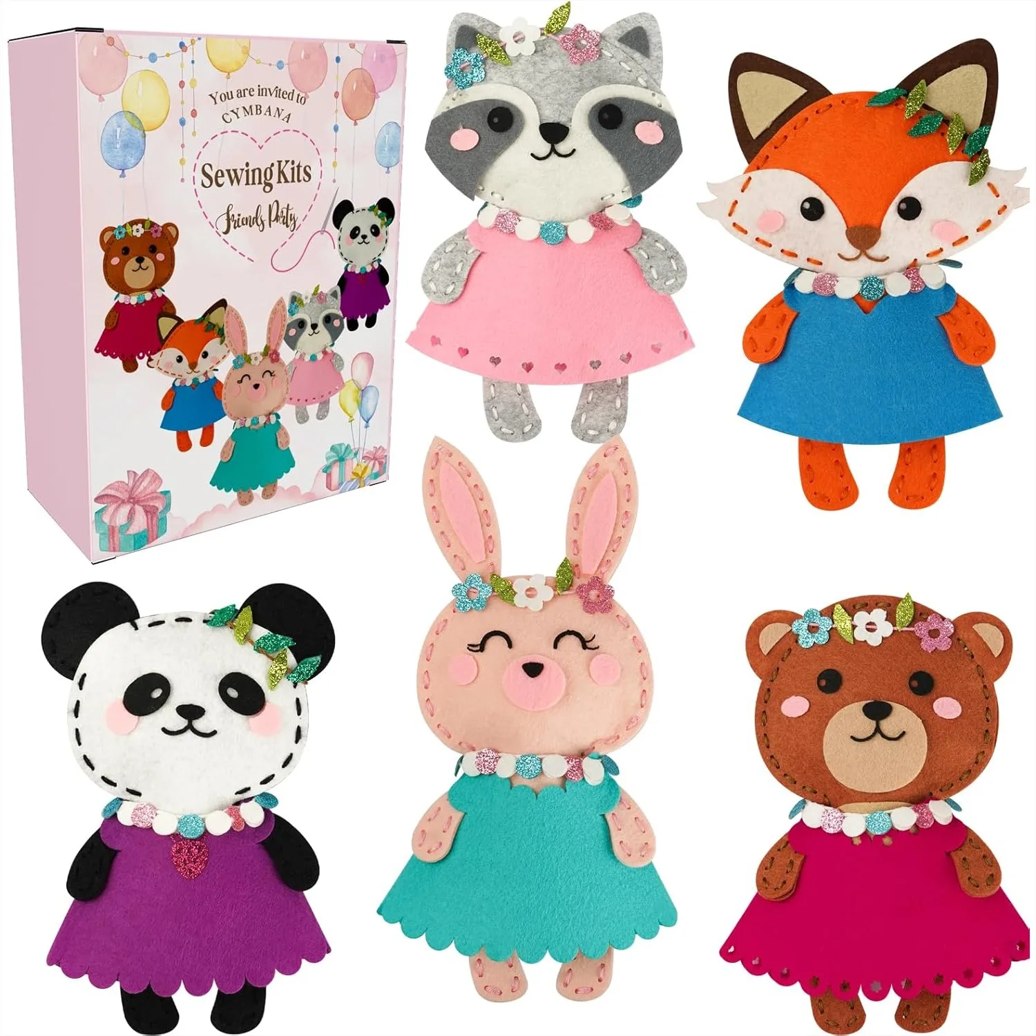 

Kids Sewing Craft Kit for Beginners, Learn to Sew 5 Stuffed Animals (Panda Fox Bunny Raccoon Bear) with Safe Tools and Dresses