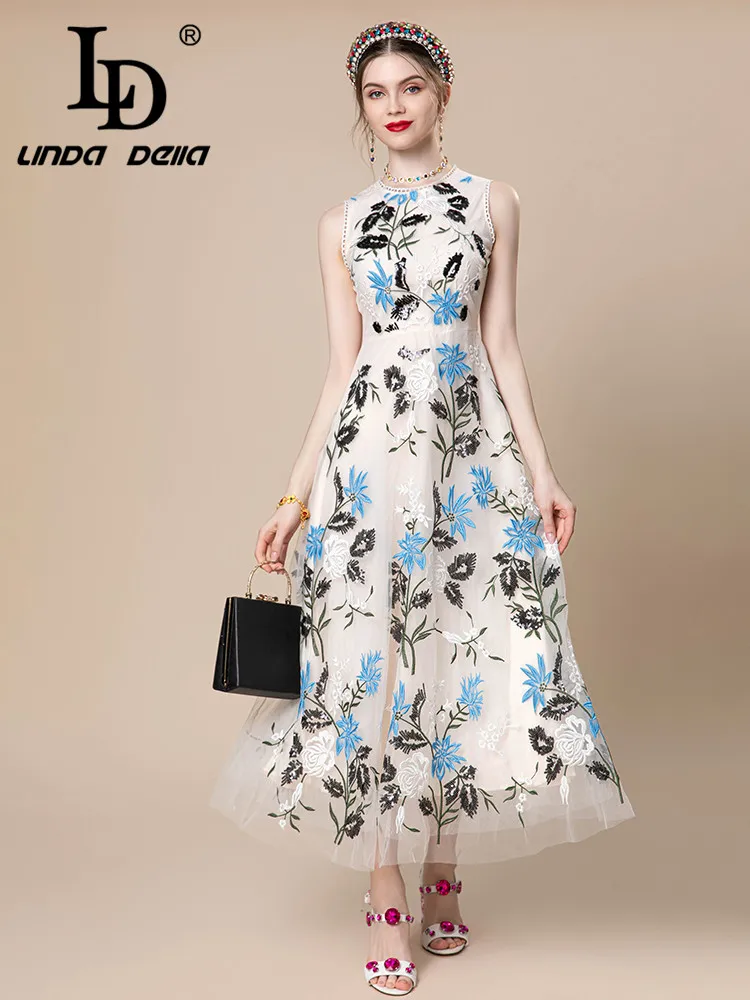 

LD LINDA DELLA 2024 Summer Fashion Designer Luxury Dress Women's Sleeveless Splice Net embroidery Sequin Travel Long Dress