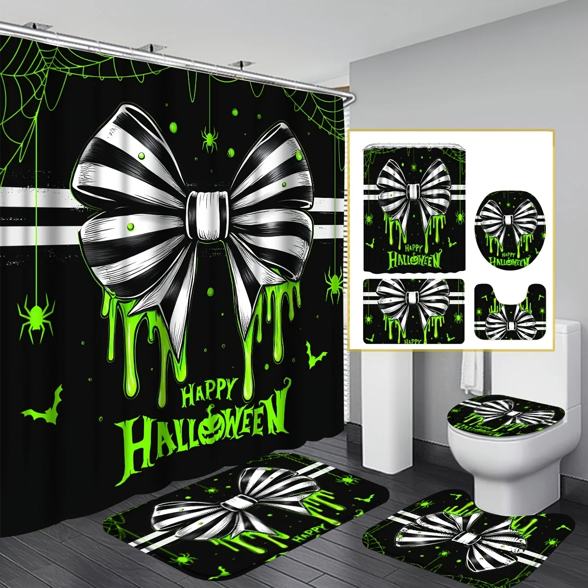 4Pcs Halloween Spider Web Shower Curtain Set, Black White Striped Bow Decor with 12 Hooks, Non-slip Mat , Spooky Gift