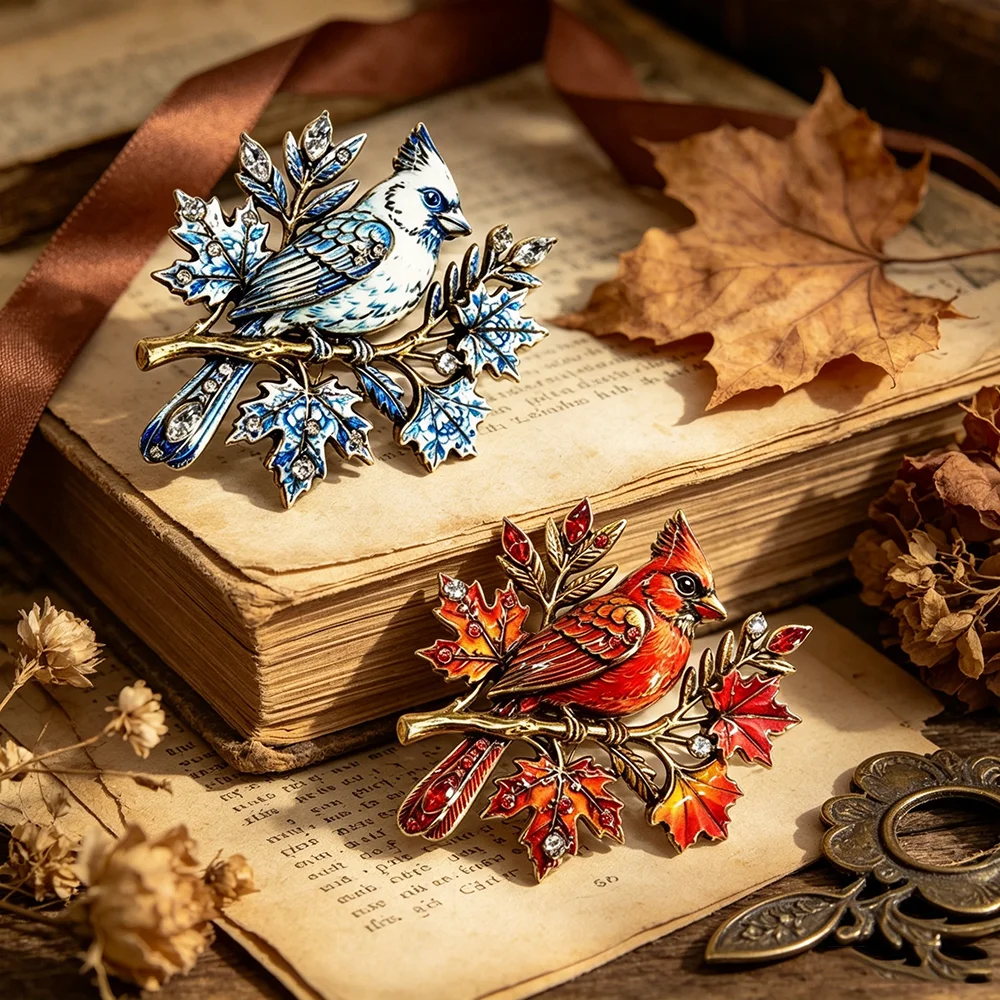 Vintage Cardinal Bird Enamel Brooch, Rhinestone Lapel Pin, Retro Maple Leaf Corsage for Coat Scarf, Women Jewelry Party Gift