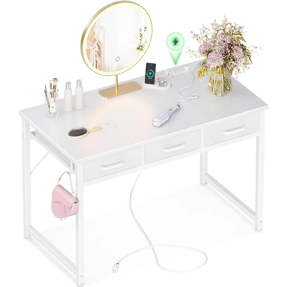 

Makeup Vanity with 3 Fabric Drawers, Desk Dressing Vanity Table with Charging Station, Girl Vanity