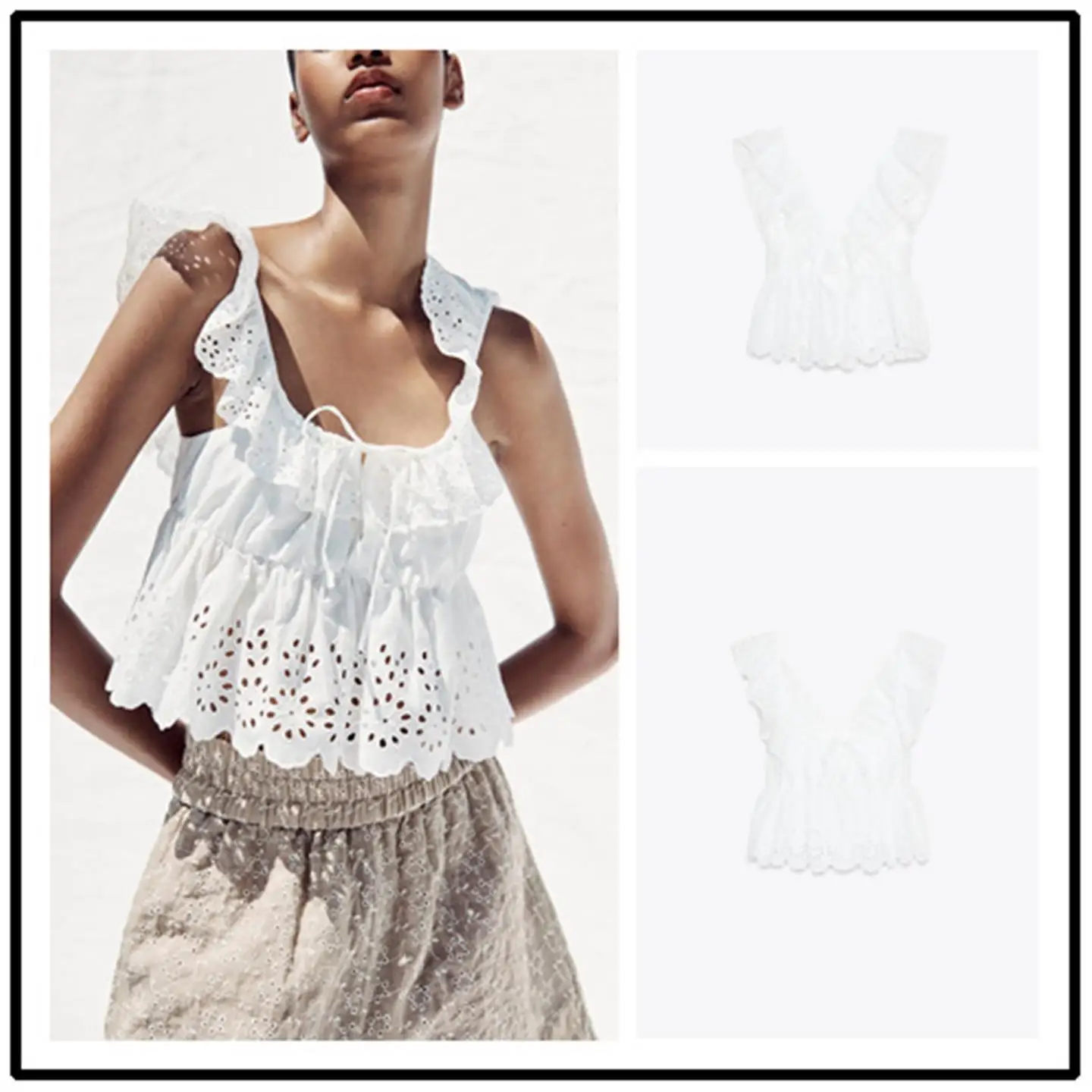 

Women's Summer New Hollow out Embroidery Decorative Multi-Layer Top FH4863 Artistic Sle Vest Svel Ultra-ort Length