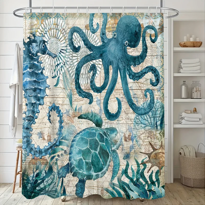 1-set Ocean Series Retro Kaart Achtergrond Blauwe Octopus Schildpad Zeepaardje Patroon Badkamer Vierdelige set Toilet Driedelige set