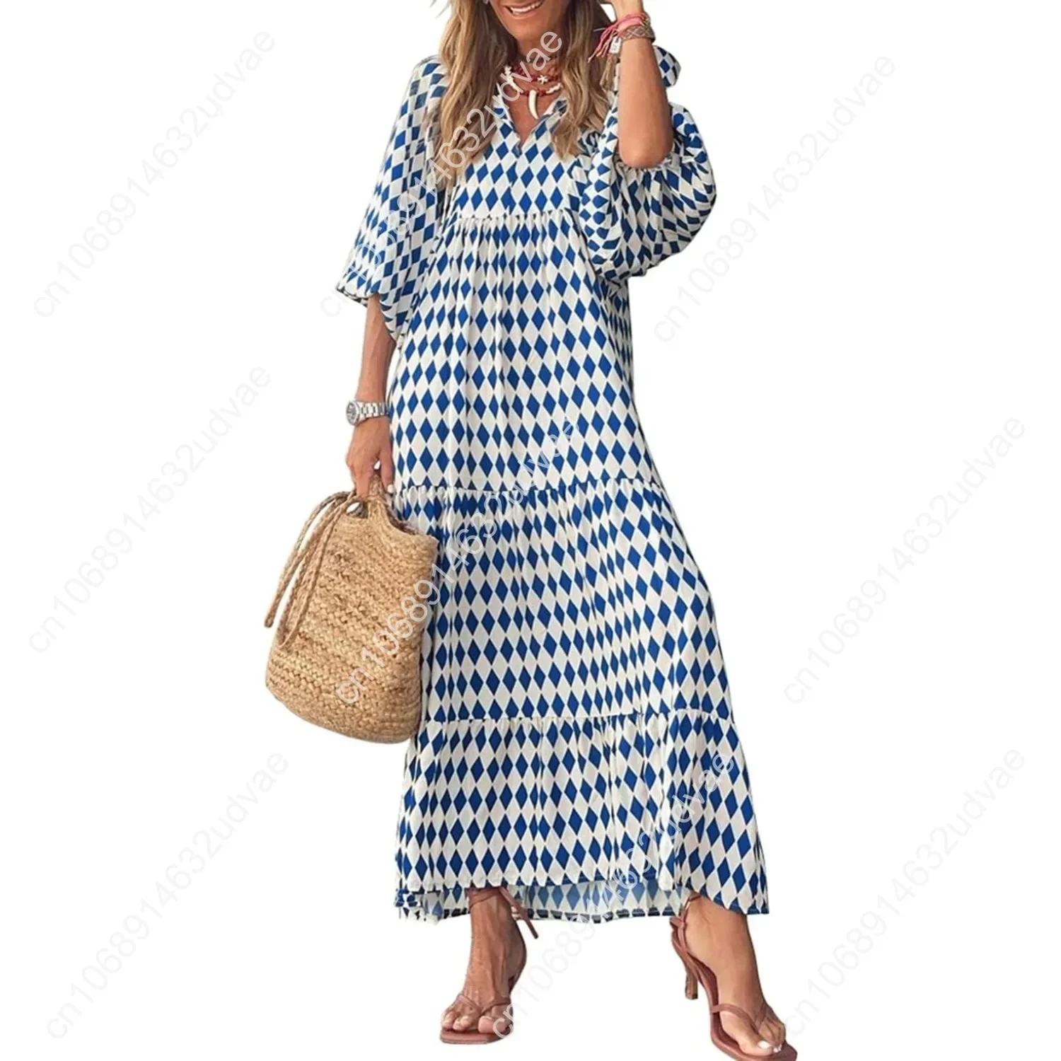 

Womens Loose Fit Casual Summer V Neck Half Sleeve Bohemian Geometric Pattern Maxi Long Dresses