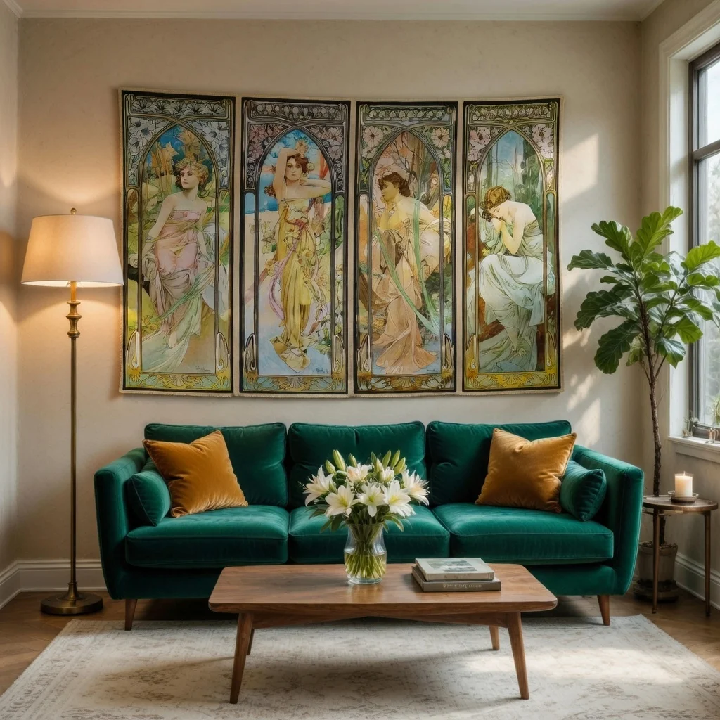 Vintage Alphonse Mucha Times of the Day Tapestry, Famous Art Wall Hanging for Bedroom Living Room Decor