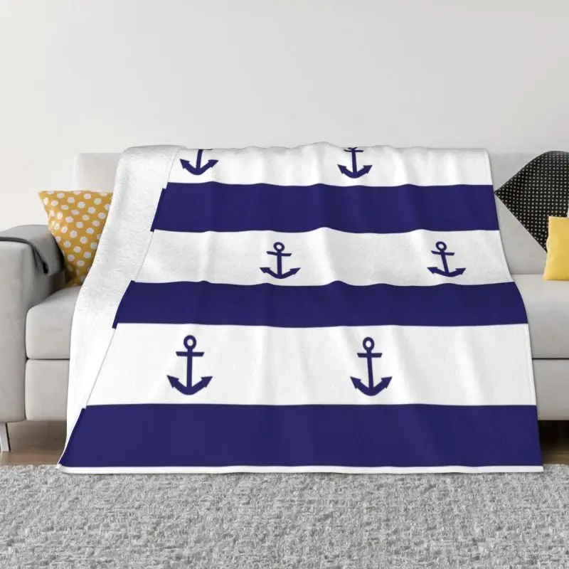 

Navy Blue Stripes And Anchors Blanket Fleece Flannel Nautical Sailing Sailor Throw Blankets for Sofa Travel Bedding Bedspread