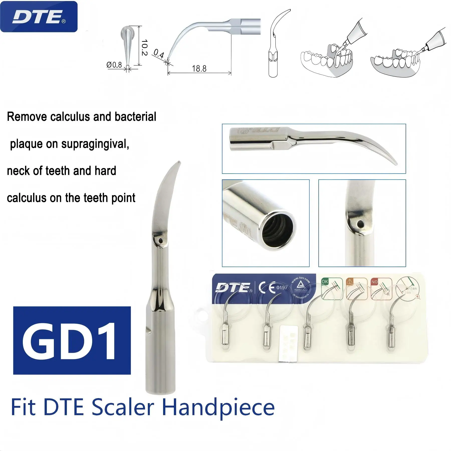 Puntas de limpieza dental ultrasónicas DTE GD1, GD2, GD3, GD4, GD5, PD1, PD3 compatibles con piezas de mano de limpiador DTE-7DH y 7L