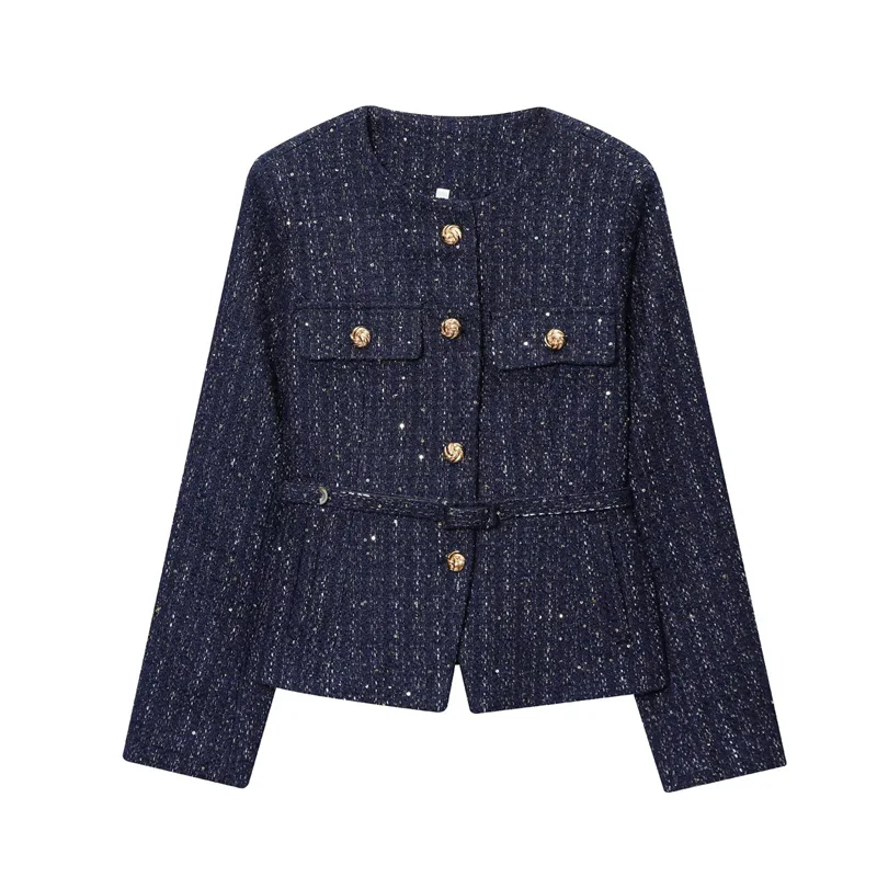 

Women's Jacket New Fall 2025 Navy Blue Long Sleeve Belt Jacket Ladies Style Elegant and Fashionable Personality