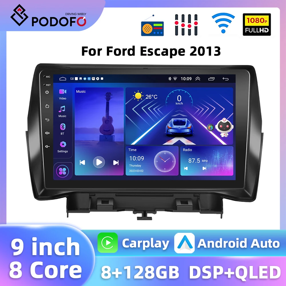 Podofo 8Core 9'' Car Radio For Ford Kuga/Escape 2013-2019 GPS Navigation Carplay Android Auto 8+128G AI Voice WIFI 4G Car Stereo