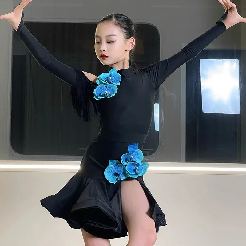 Girls Long Sleeved Latin Dress National Standard Ballroom Dance Competition Dresses Kids Professional Latin Dance Dress