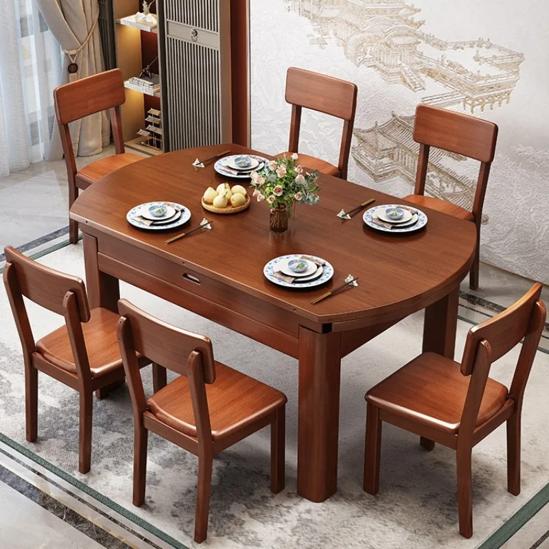 Simple modern telescopic folding solid wood dining table variable round household new Chinese bold thickened dining table