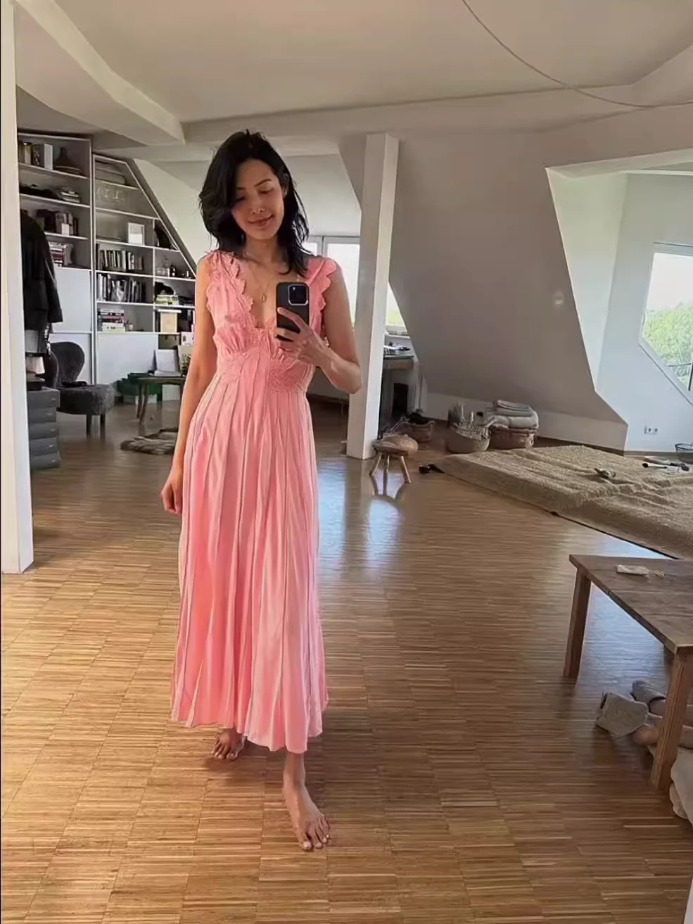 Abito lungo rosa da donna in seta 100% patchwork di pizzo con scollo a V senza maniche a vita alta pieghettato elegante gilet sottile