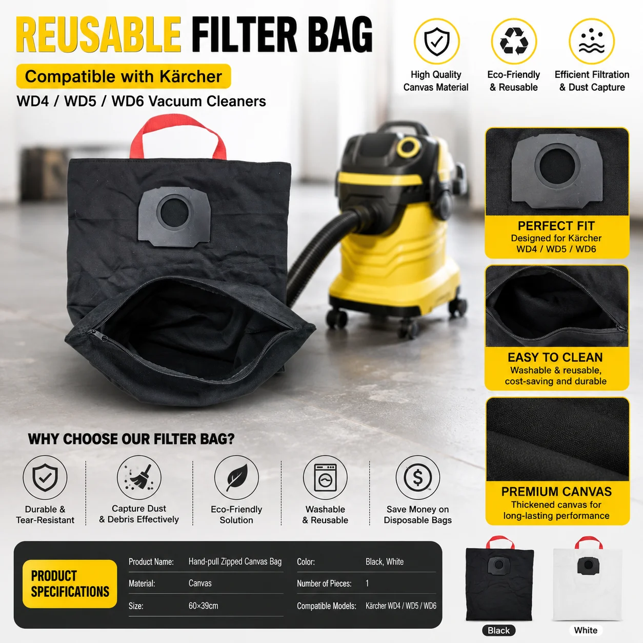 Reusable Canvas Filter Bag For Karcher WD4 WD5 WD6 Vacuum Cleaner Washable Dust Pouch Replacement Part Home Garden Accessories