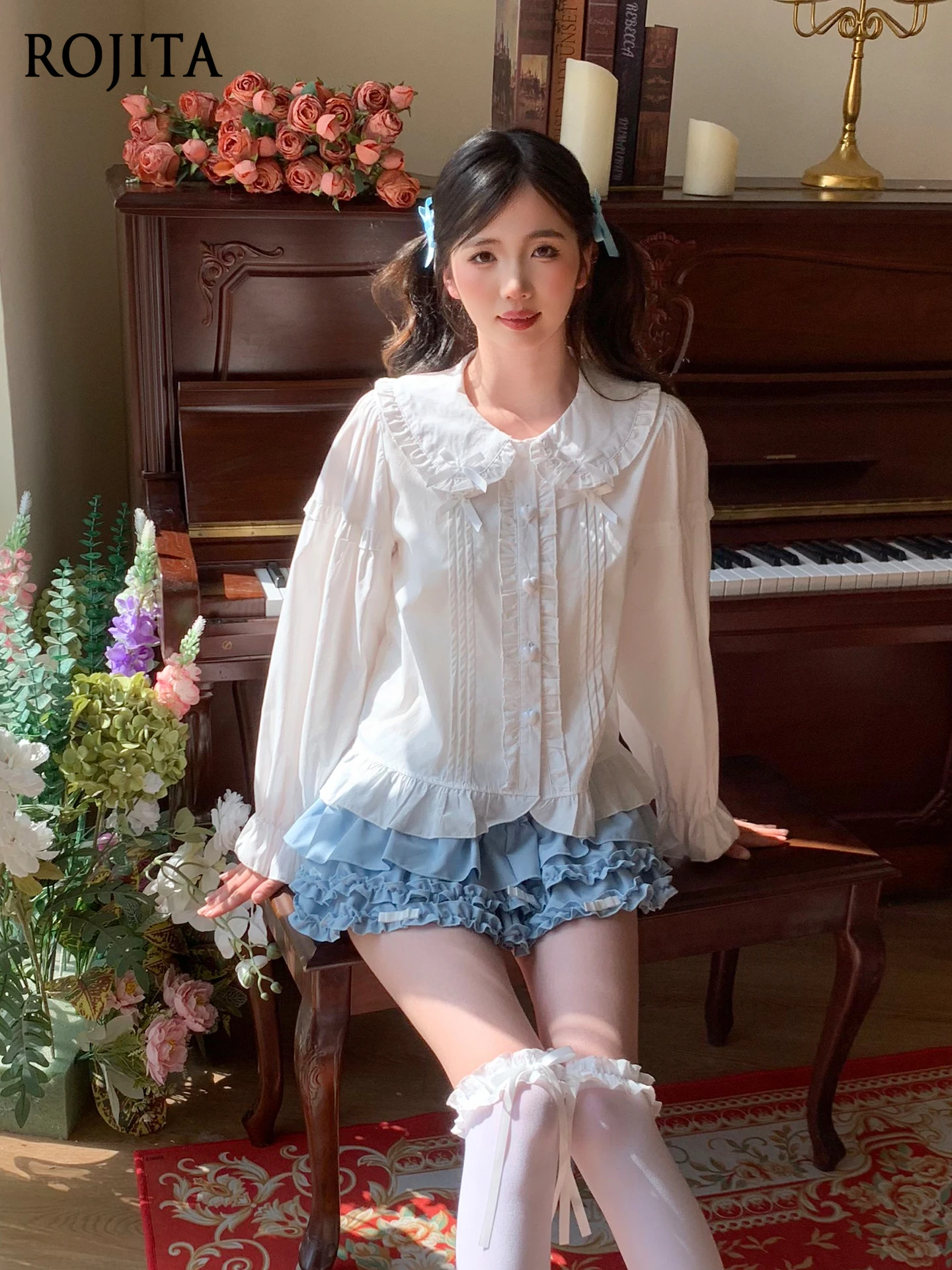 

Белая рубашка в японском стиле, мягкая рубашка в стиле Лолиты для девочек, кукольный воротник, милый топ с пышными рукавами, женская осенняя кремово-желтая рубашка