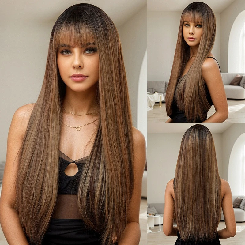 

Women's top dyed bangs long straight brown gradual change wig