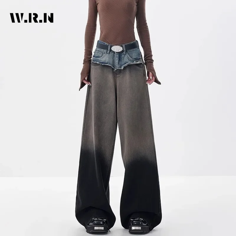 American Vintage High Waist Straight Jeans Women\'s Casual Grunge Pants Baggy Y2K Wide Leg High Street Patchwork Denim Trouser