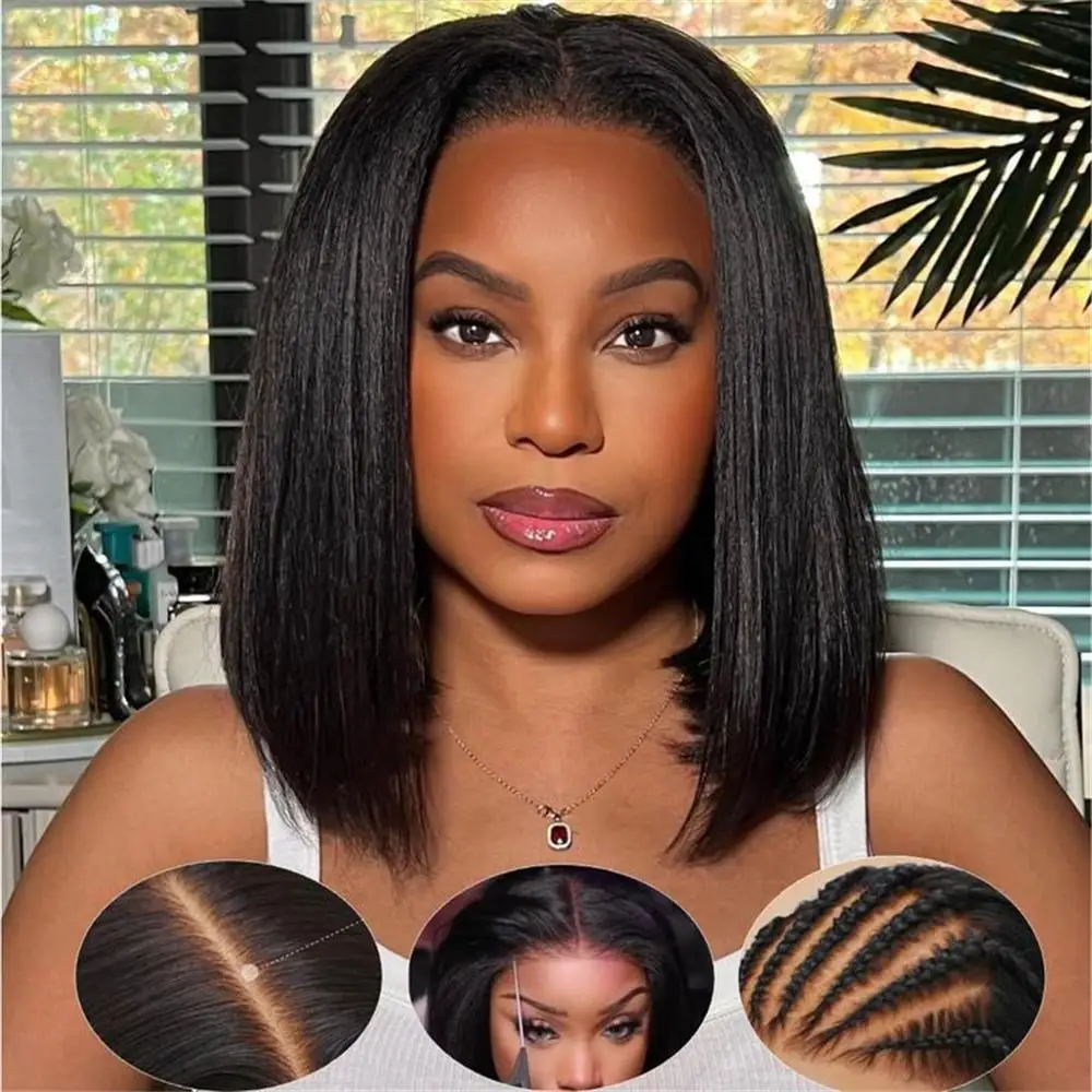 

Glueless Kinky Straight 6x4 Lace ClosureHuman Hair Wig Short Bob Wigs Transparent Yaki Straight Brazilian Remy Pre Plucked Wig
