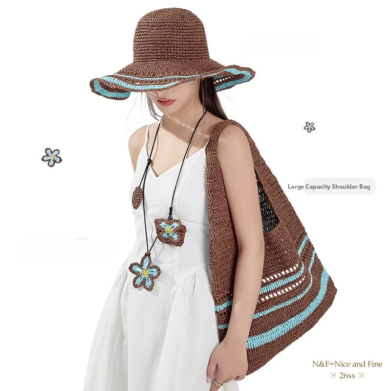 

Handwoven Natural Raffia Straw Hat Large Brim Sunshade Women's Fashionable Fishing Cap Stacking Summer Hat Elegant Set