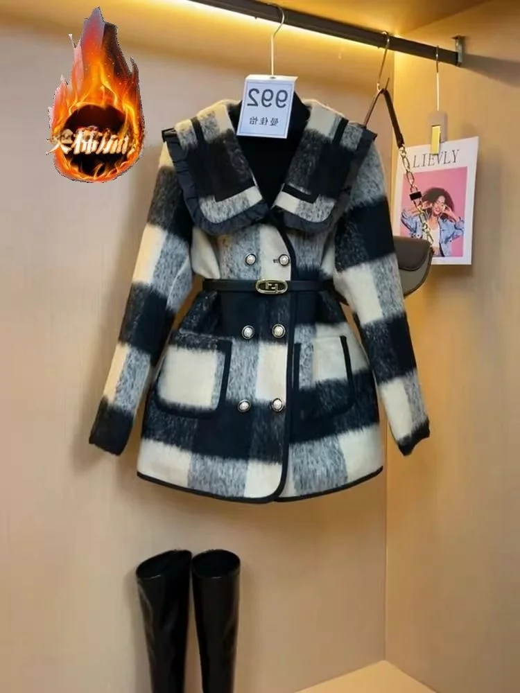 Autumn Winter Plaid Cottonadded Women's Coat 200 Pounds Elegant Lady Sle Highend Feel plus Size Fat MM Button Detail Wool B...