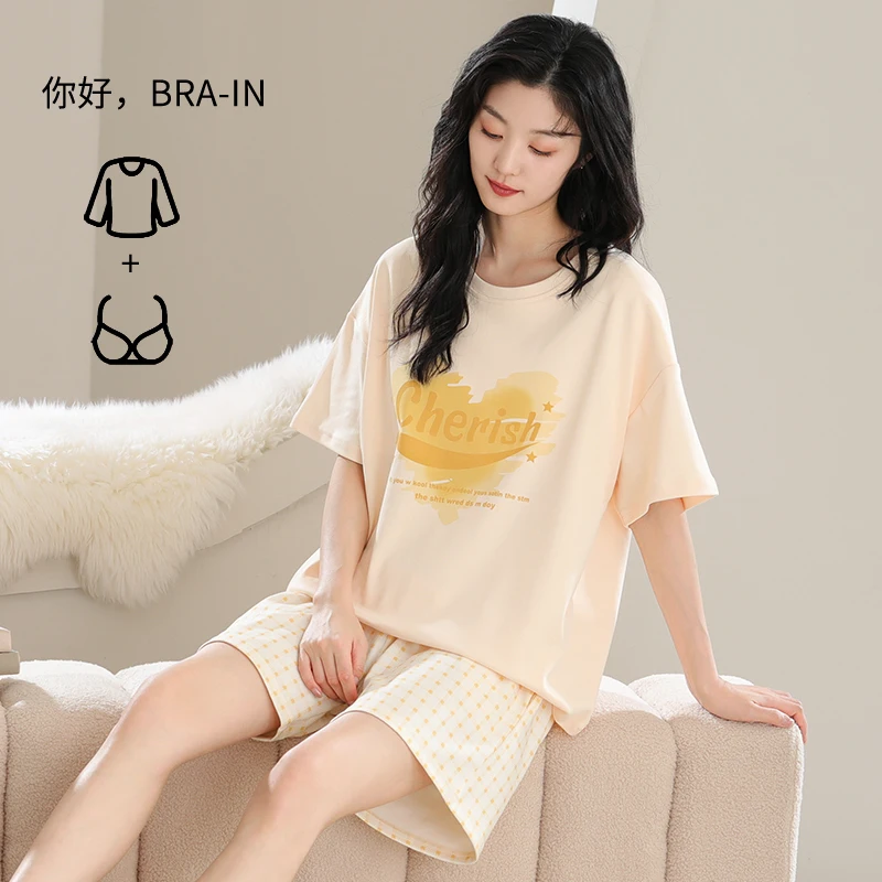 Summer Cotton Pajamas for Women Short Sleeves Shorts Chest Padded Pajama Sets Sweet Girl Sleepwear Round Collar Homewear