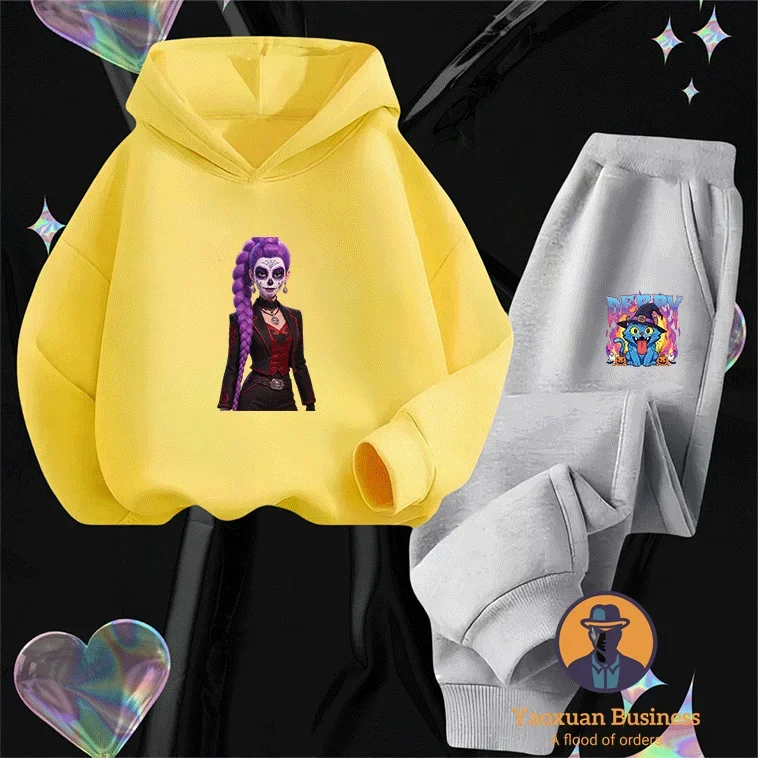 

Popular KPop Demon Hunters Boys Girls 2 Piece Set Cute Cartoon Print Windproof Warm Autumn Winter Stylish Hoodie Suit