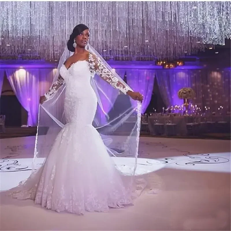 Robe de Mariée Sirène à Manches sulfpour Femme Noire, Grande Taille, Appliquée et Perlée, Personnalisée, pour Patients, Quelle que soit la Traîne de Balayage