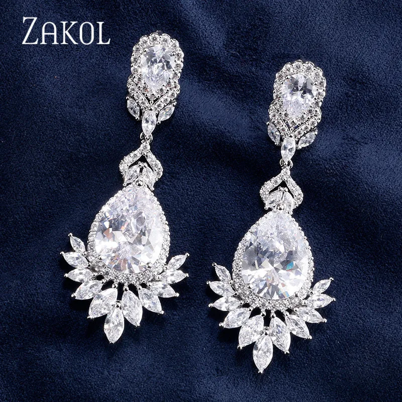 ZAKOL Vintage Chandelier Bridal Wedding Earrings for Women Luxury Water Drop Cubic Zirconia Dangle Earring Fashion Jewelry