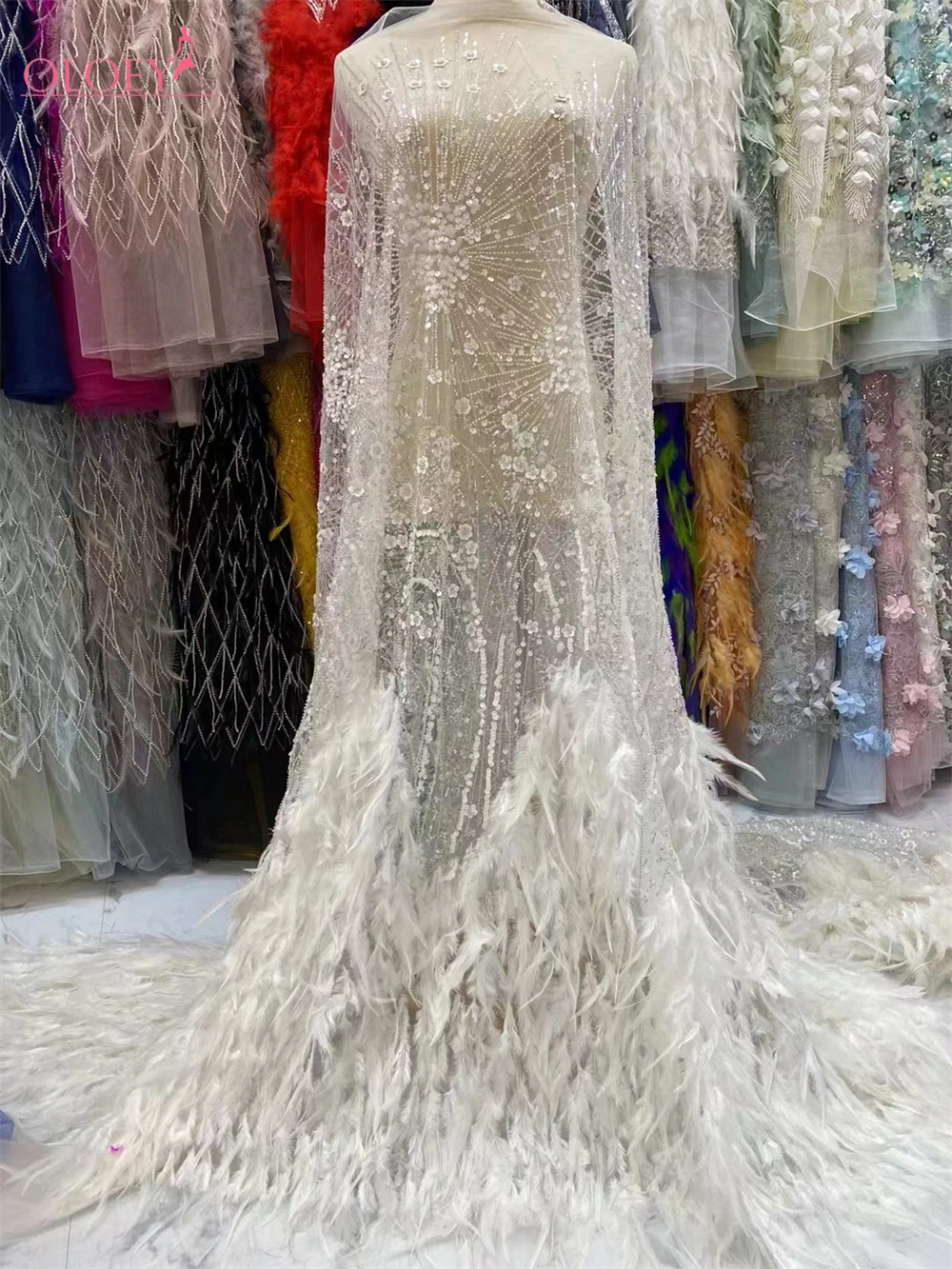 High -End Luxury Catwalk Feather Embroidery Handmade Beaded Lace Fabric African With Sequin Fabric For Wedding Dress