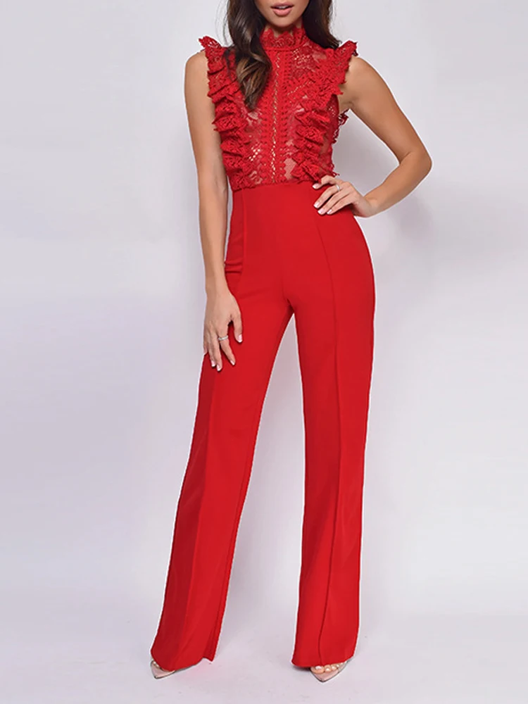 

Women Elegant Waist Solid Long Playsuits Stand Collar Sleeveless One Piece Jumpsuits Sexy Lace Patchwork Sheer Straight Rompers