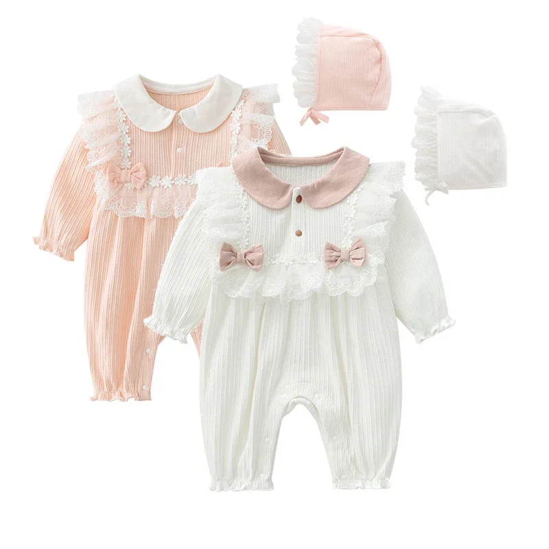 2026 New Spring Infant Baby Girls Jumpsuit+Hat Long Sleeved Cotton Lace Splicing Toddler Baby Girl Romper 0-24M Baby Clothing