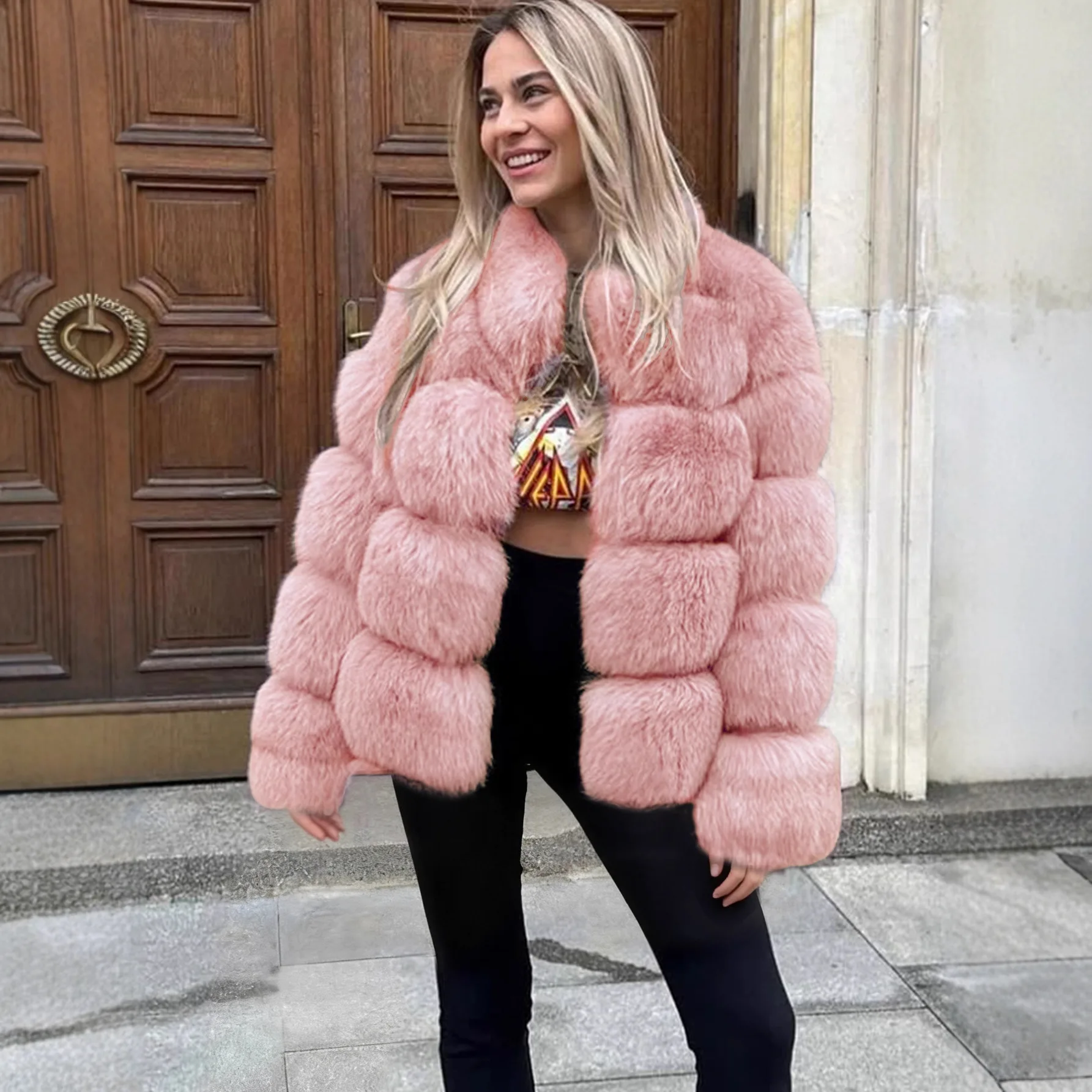 فو الفراء معاطف النساء الصلبة سترات من الفرو الوقوف طوق كم طويل مغطاة زر سميكة الدافئة الفراء فضفاضة تناسب عادية 2025 الخريف الشتاء #3