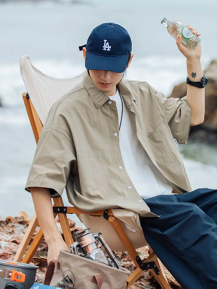 

Retro Japanese Style Summer New Men's Loose Casual Short Sleeve Shirt Pure Color Versatile Half Sleeve Coat Trendy