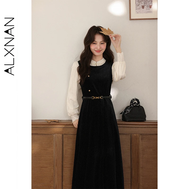 

ALXNAN Autumn Dress False Two-piece Buttons Stand Collar Puff Sleeves Long Dress Waist-defining Elegance Ladies Clothing L58203